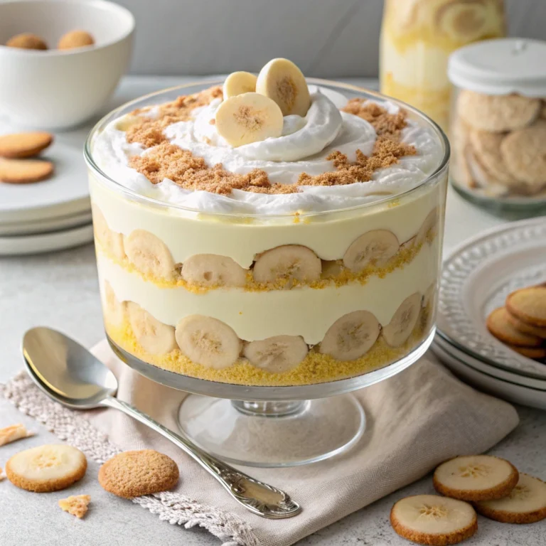 A beautifully layered Banana Pudding in a glass trifle dish with whipped cream,