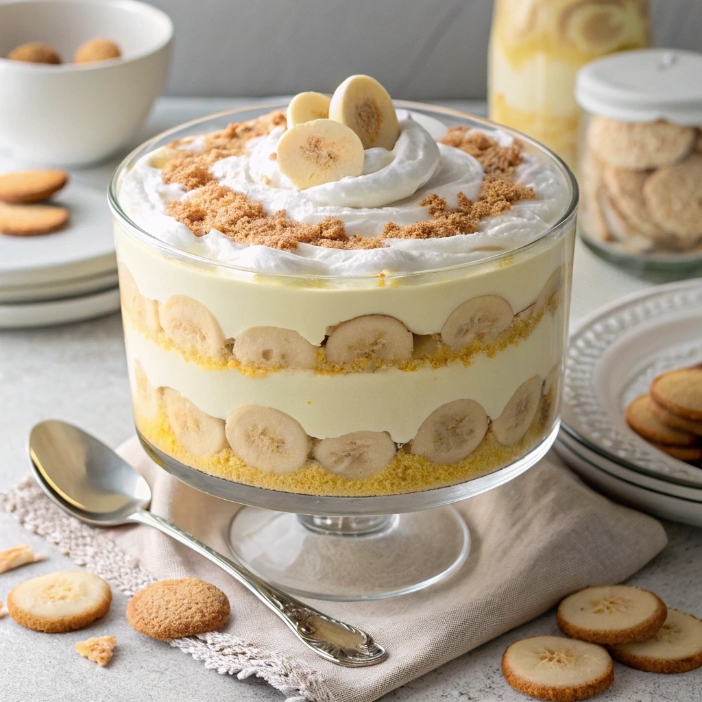 A beautifully layered Banana Pudding in a glass trifle dish with whipped cream,