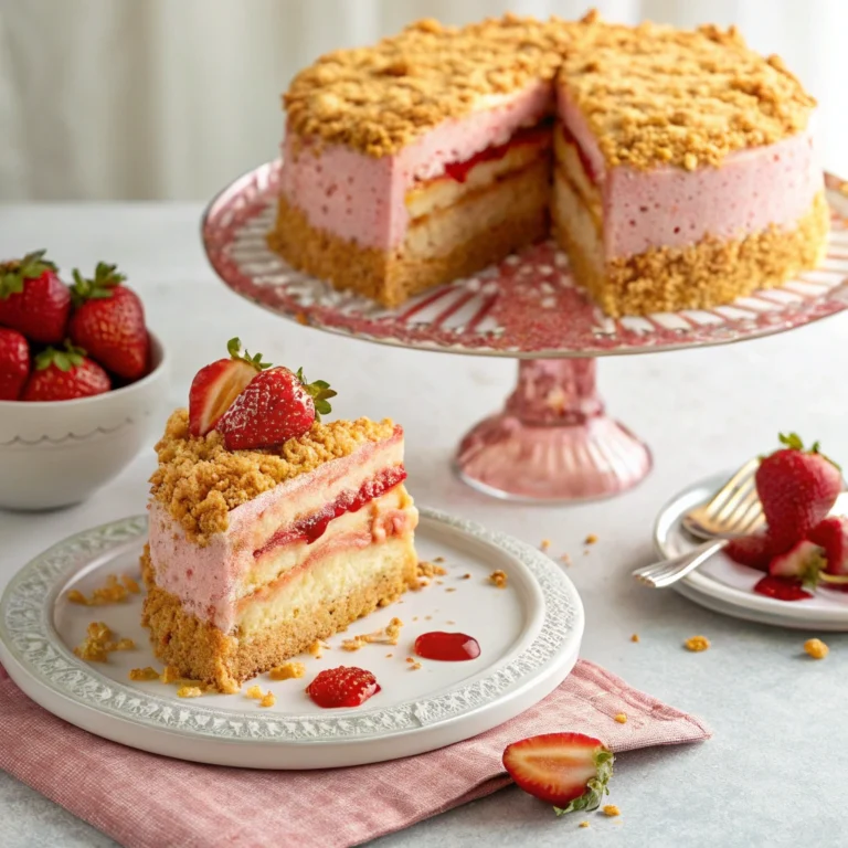 The completed Strawberry Crunch Cake on a cake stand