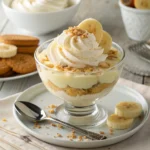 A serving of Banana Pudding in a clear glass bowl, topped with whipped cream