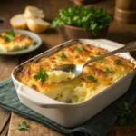 Baked Funeral Potatoes served in a casserole dish, with crispy edges and garnished with parsley