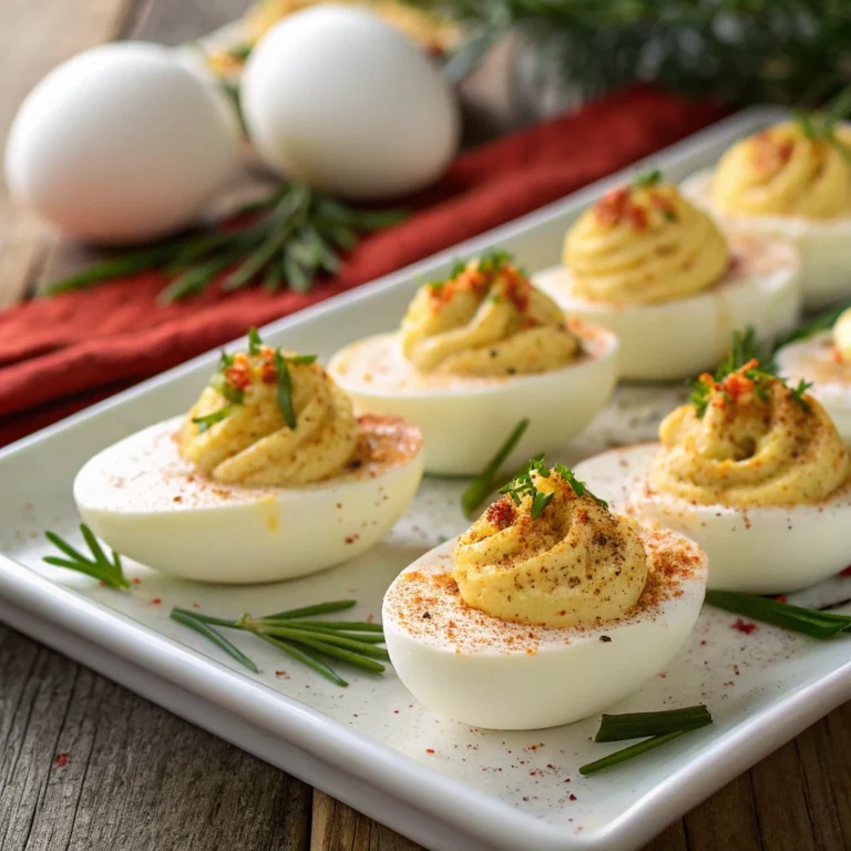 Plated Deviled Eggs garnished with paprika and parsley