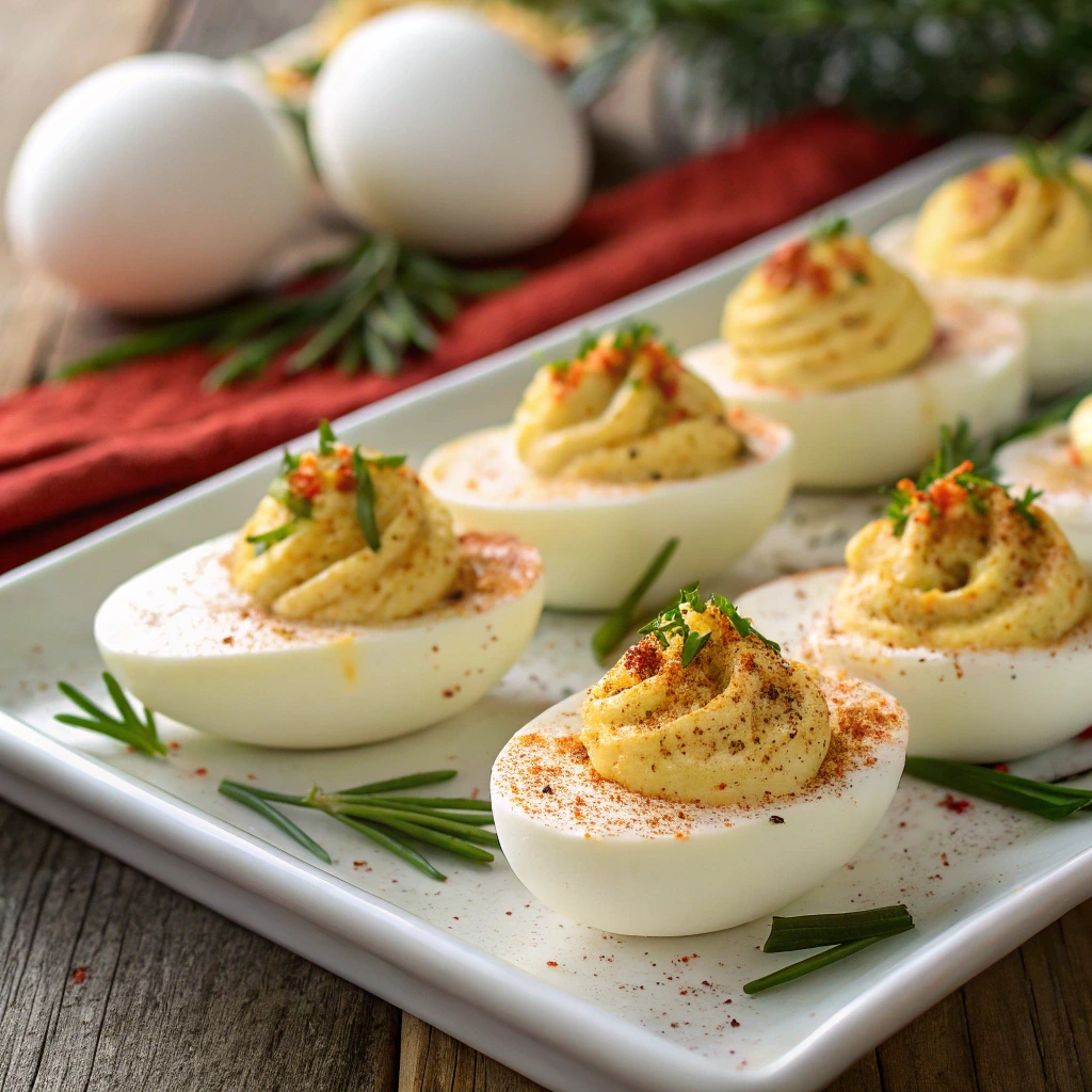 Plated Deviled Eggs garnished with paprika and parsley