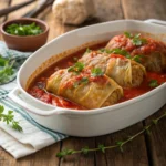 stuffed cabbage rolls recipet on rustic table