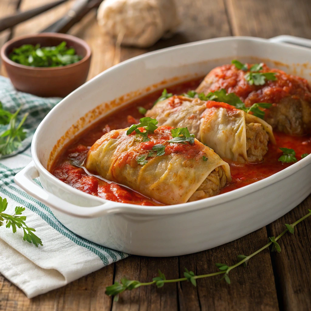 stuffed cabbage rolls recipet on rustic table