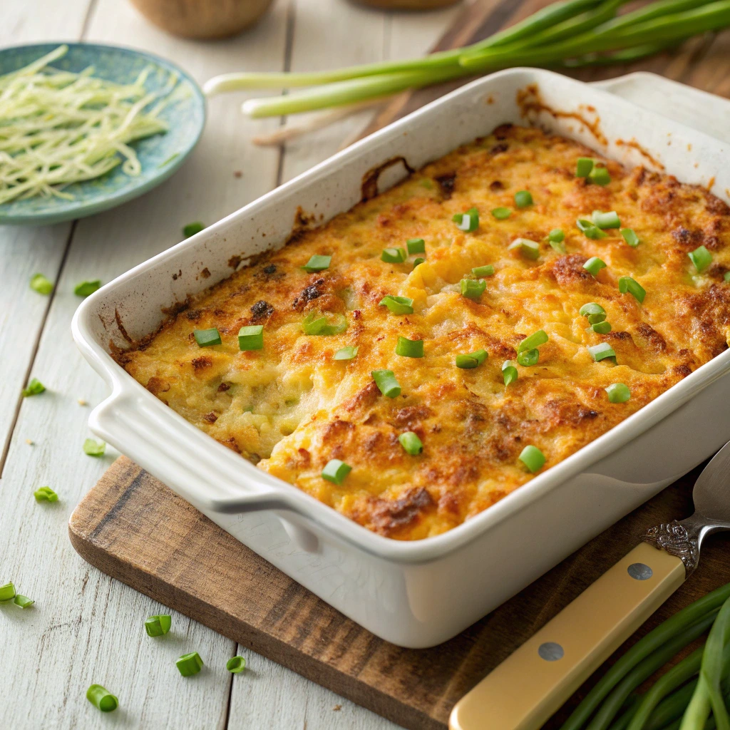 Golden-brown Hashbrown Casserole in a baking dish