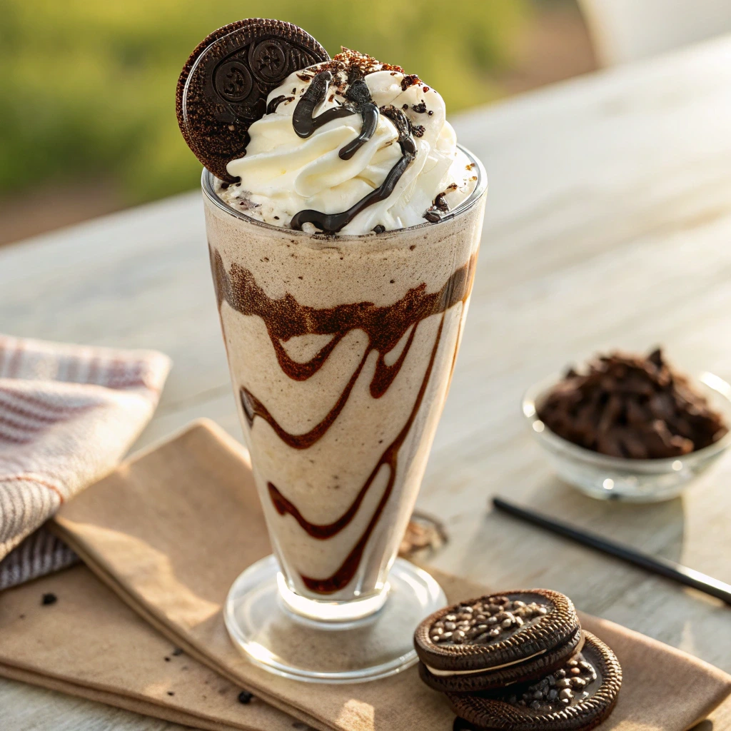 Oreo milkshake in tall glass topped with whipped cream and Oreo