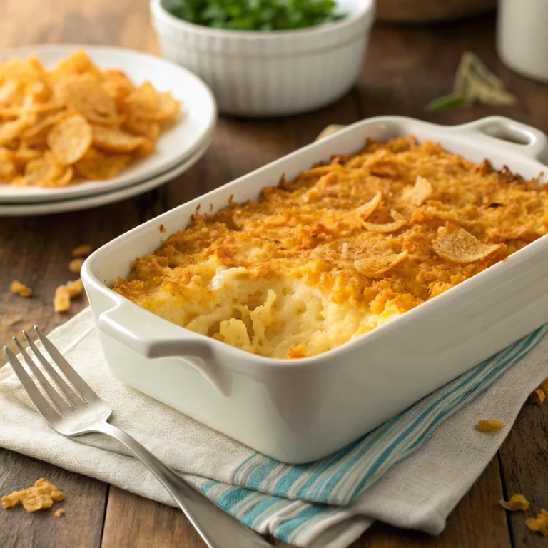 Funeral potatoes casserole with crispy cornflake topping and creamy potato filling, served on a rustic wooden table