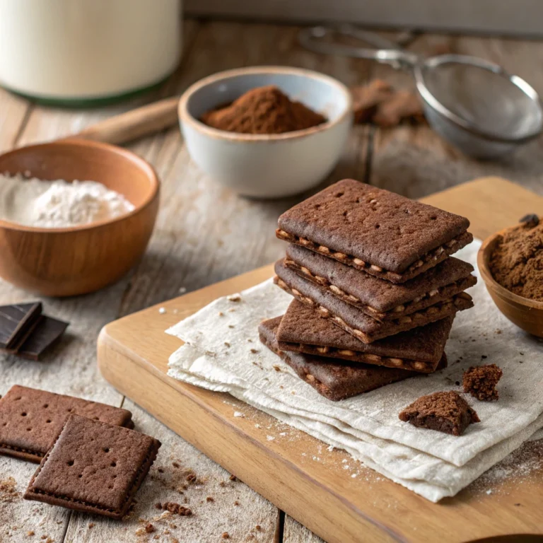 Homemade chocolate graham crackers recipe on wooden tabl