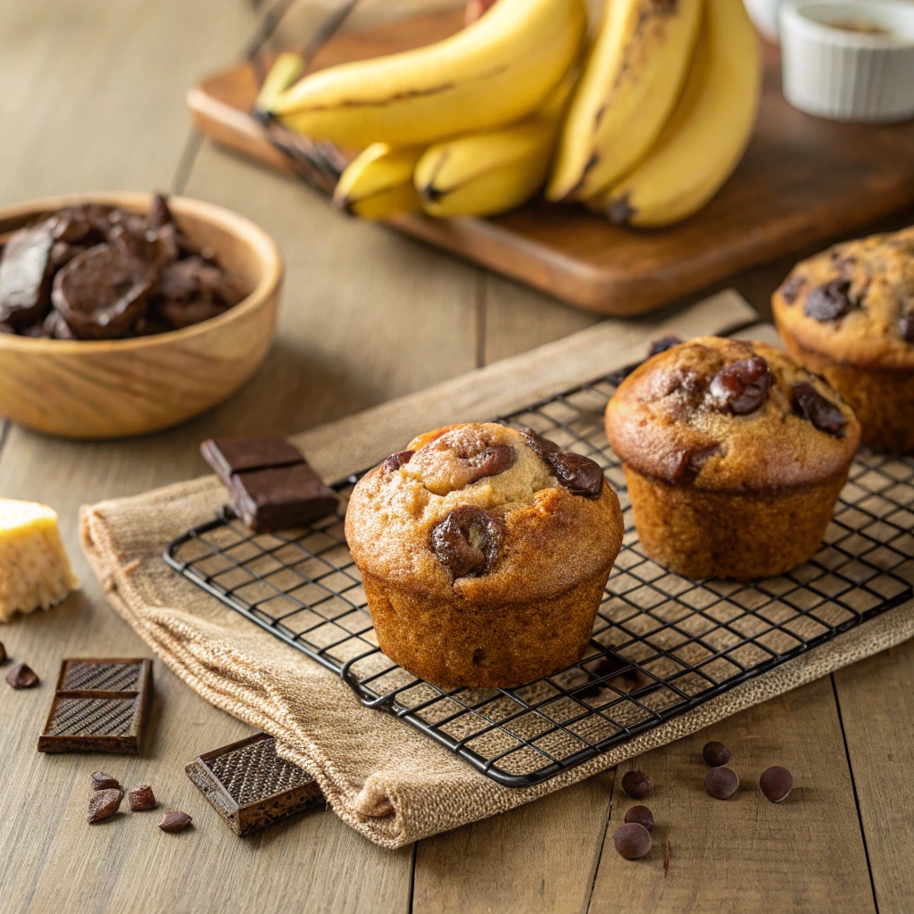Freshly baked banana chocolate chunk muffins with gooey chocolate, cooling on a rack with ripe bananas in the background.