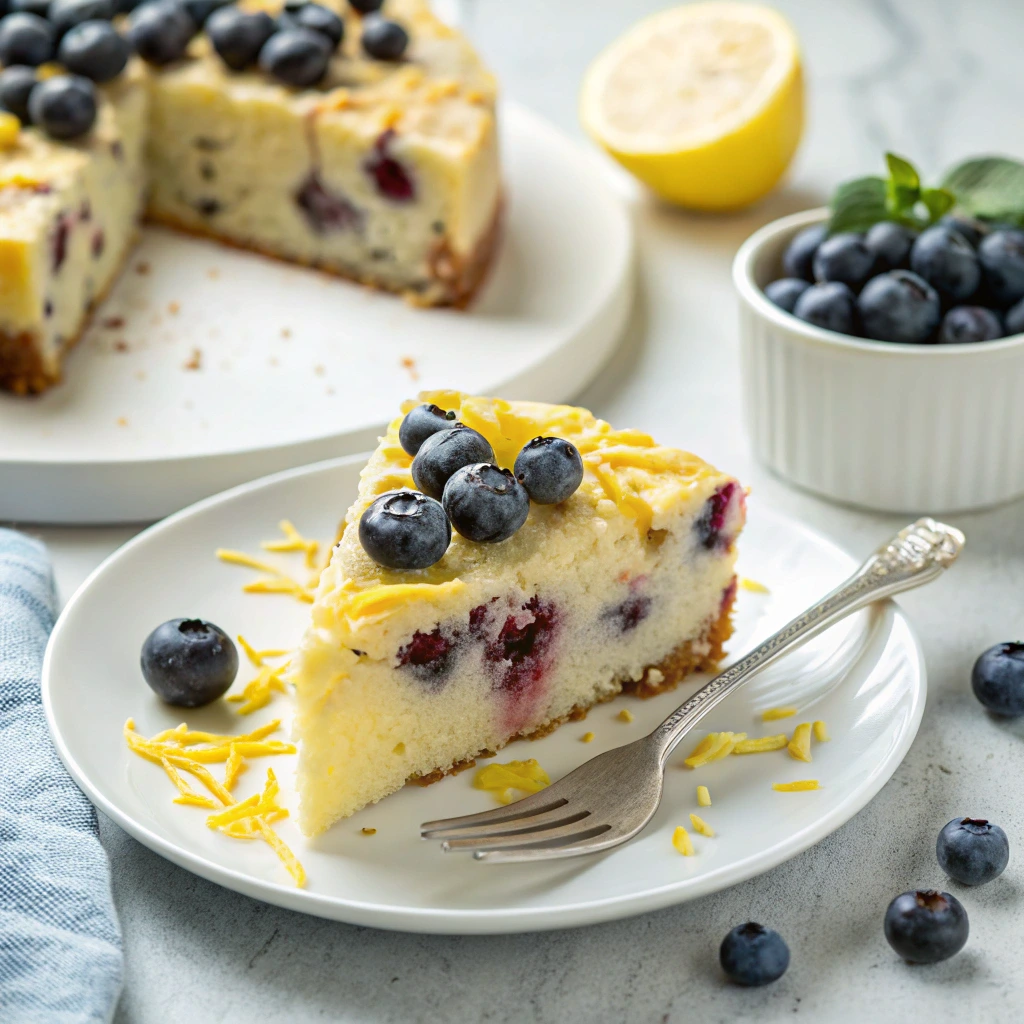 Batter for Lemon Blueberry Cake being poured into a round cake pan