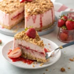A slice of Strawberry Crunch Cake on a dessert plate,
