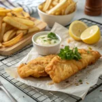 Golden, crispy fried fish fillets and chips resting on a wire rack with lemon and tartar sauce, fresh out of the fryer.