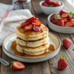 Fluffy stack of eggless pancakes with syrup and strawberries