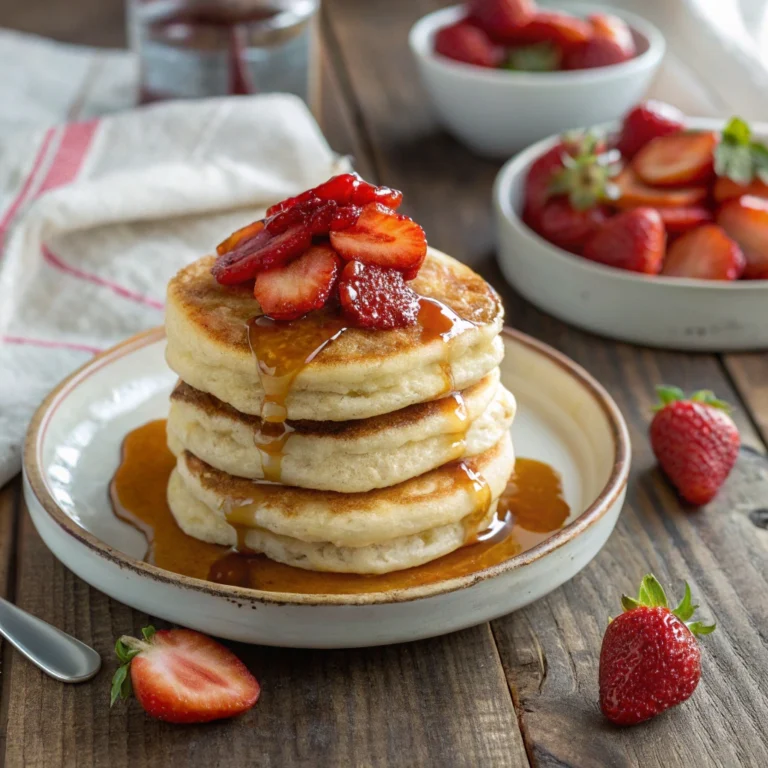 Fluffy stack of eggless pancakes with syrup and strawberries