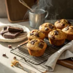 Banana chocolate chunk muffins cooling on a wire rack with melted chocolate visible and golden brown tops, ready to serve and enjoy.