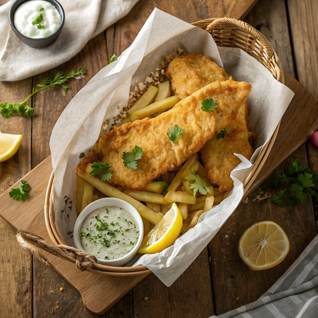 Golden crispy battered fish fillets served with thick-cut chips, tartar sauce, and lemon wedges on a rustic plate.