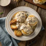 Sawmill gravy poured over Southern-style biscuits on rustic wood