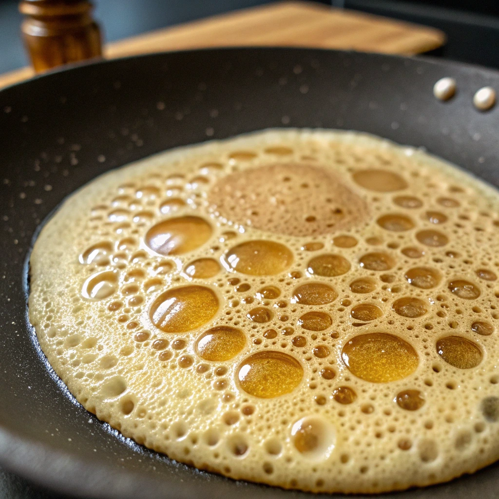 Eggless pancake batter rising with bubbles