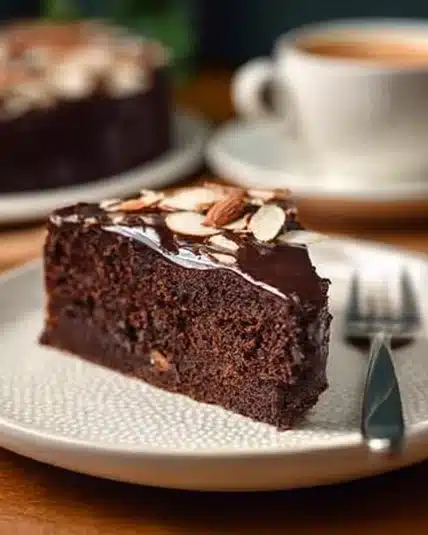 Moist and decadent Almond Flour Chocolate Cake served on a plate