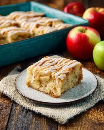 Slice of apple pie filling coffee cake with cinnamon topping on a plate