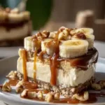 Delicious banana caramel nut cheesecake topped with nuts and drizzled caramel