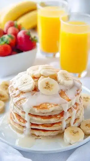 Fluffy banana pancakes topped with fresh banana slices and syrup