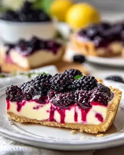 Delicious homemade Blackberry Cheesecake Pie topped with fresh blackberries