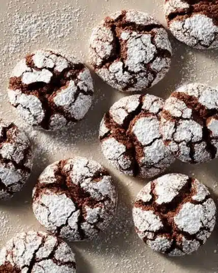 Plate of delicious homemade Chocolate Crinkle Cookies with powdered sugar