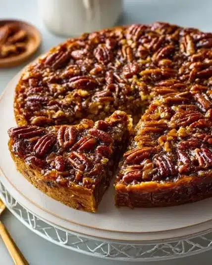 Gluten-free pecan upside down cake with caramelized pecans and fluffy texture.