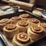 Freshly baked homemade cinnamon rolls on a wooden table