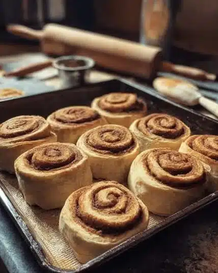 Freshly baked homemade cinnamon rolls on a wooden table