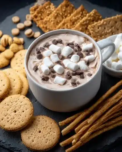 Delicious hot chocolate dip with marshmallows and chocolate chips