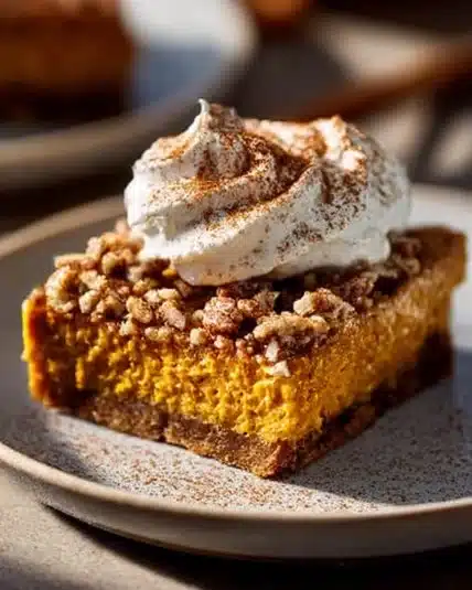 Keto Pumpkin Crisp dessert served in a bowl with whipped cream on top