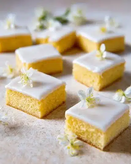Freshly baked lemon blondies with a bright yellow color and a dusting of powdered sugar.