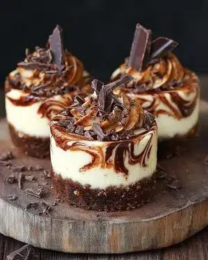 Mocha marble mini cheesecake topped with chocolate drizzle and coffee beans