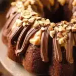 Decadent Nutella Bundt Cake topped with chocolate glaze and hazelnuts