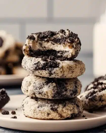 Delicious Oreo cheesecake cookies topped with crushed Oreo pieces