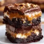 Decadent Snickers brownies topped with caramel and chocolate.