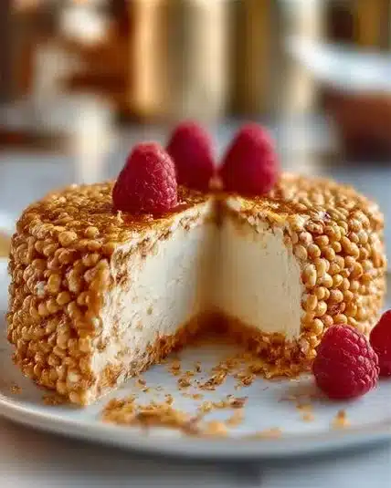 Delicious Rice Krispie Cheesecake topped with crispy treats and creamy filling