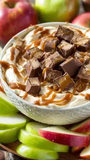 Delicious Snickers Dip served with fresh fruit for an easy 5-minute dessert.