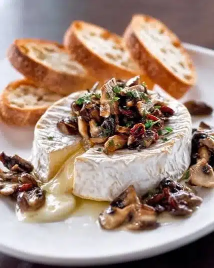 Wild Mushroom and Camembert Toasts topped with fresh herbs on a wooden board